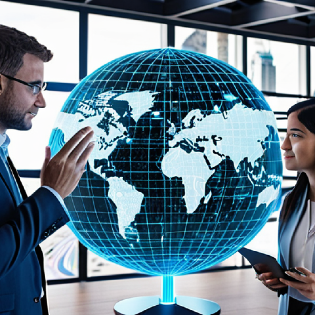 **
Global AI networking concept. A diverse group of AI experts from different countries are collaborating on a holographic AI model, exchanging ideas and code. Background includes iconic landmarks representing various nations.
**