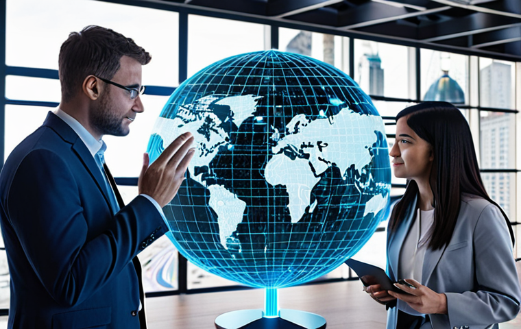 **

Global AI networking concept. A diverse group of AI experts from different countries are collaborating on a holographic AI model, exchanging ideas and code. Background includes iconic landmarks representing various nations.

**