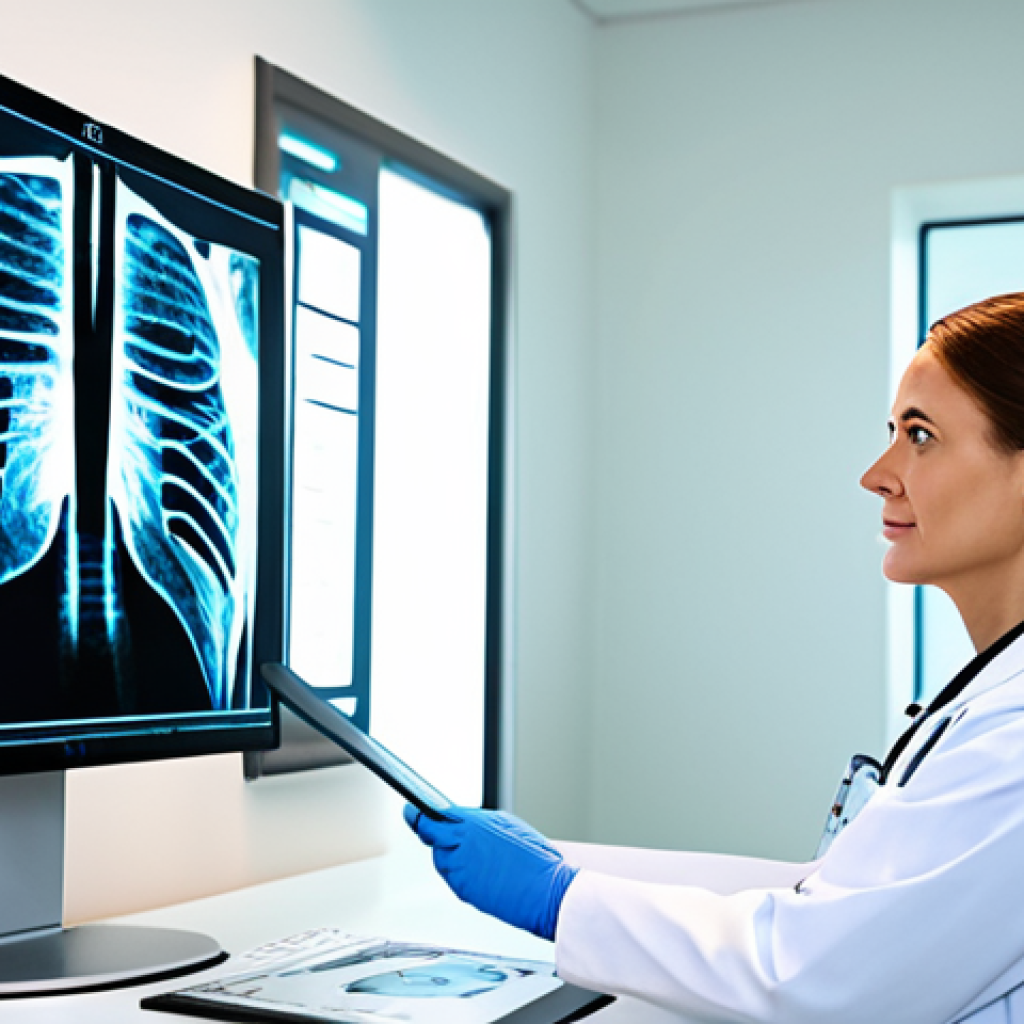 딥러닝 연구에서의 최신 트렌드 - AI-Assisted Medical Diagnosis**
"A doctor in a bright, modern hospital examining an X-ray with AI o...