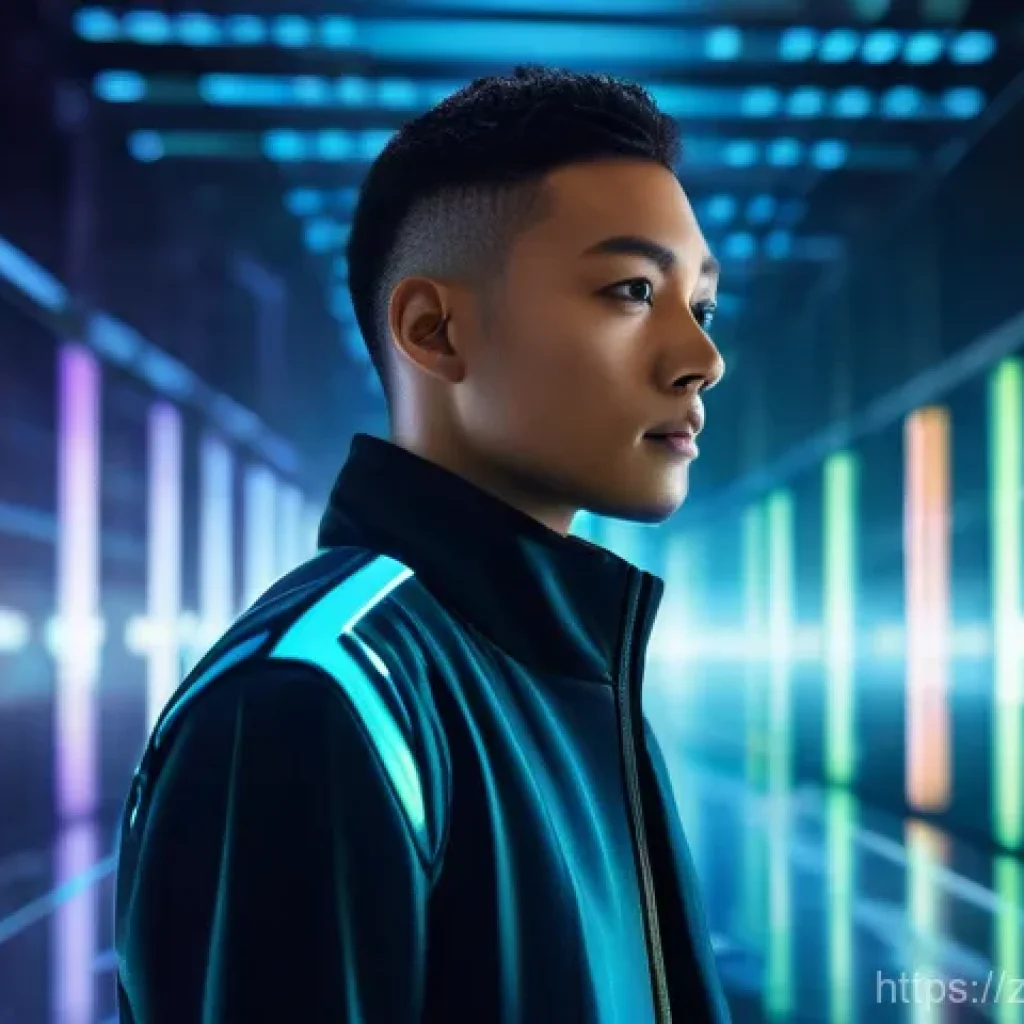 인공지능 기술의 미래 윤리적 도전 - **Prompt:** A young adult (wearing fashionable casual clothing) stands thoughtfully in a vibrant, fu...