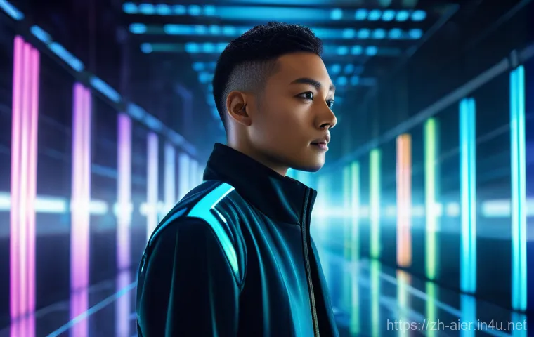 인공지능 기술의 미래 윤리적 도전 - **Prompt:** A young adult (wearing fashionable casual clothing) stands thoughtfully in a vibrant, fu...