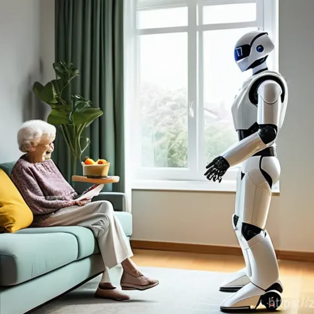 AI 관련 학회와 연구 동향 - A friendly, futuristic humanoid robot with a smooth, clean white and silver design, gently assists a...