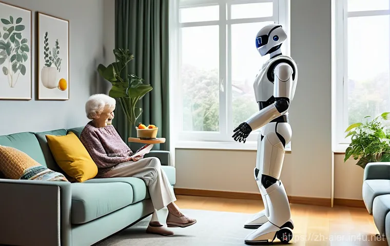 AI 관련 학회와 연구 동향 - A friendly, futuristic humanoid robot with a smooth, clean white and silver design, gently assists a...