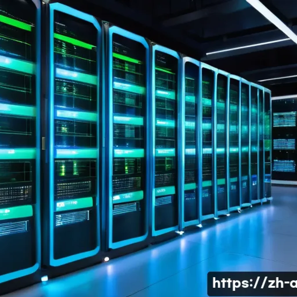 머신러닝 프로젝트의 클라우드 활용 사례 - A modern cloud computing data center interior with rows of glowing servers and digital screens displ...