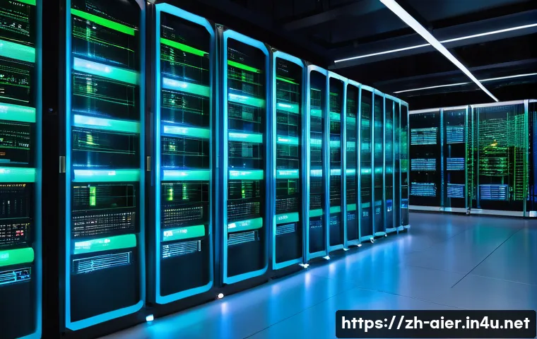 머신러닝 프로젝트의 클라우드 활용 사례 - A modern cloud computing data center interior with rows of glowing servers and digital screens displ...