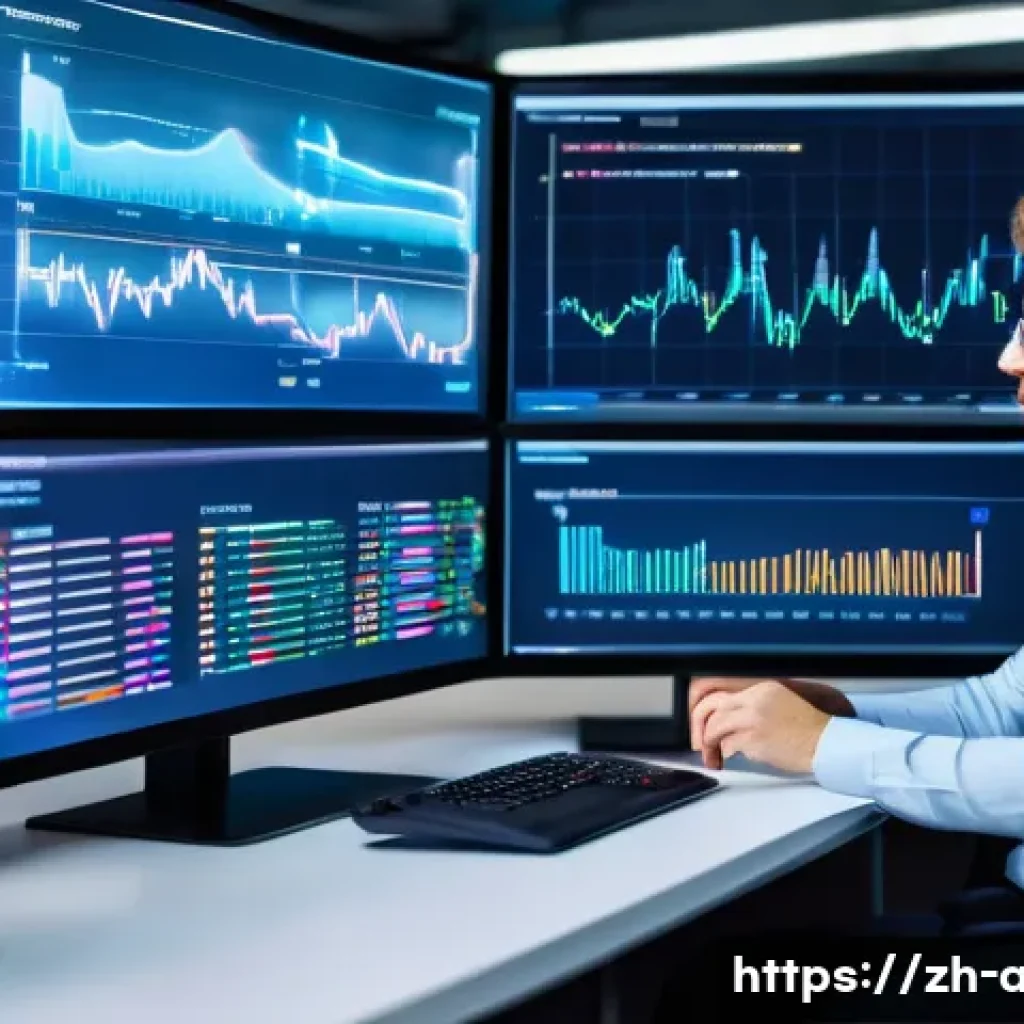 머신러닝 모델의 지속적인 개선 방법 - A modern data science engineer workspace with multiple large monitors displaying real-time model per...