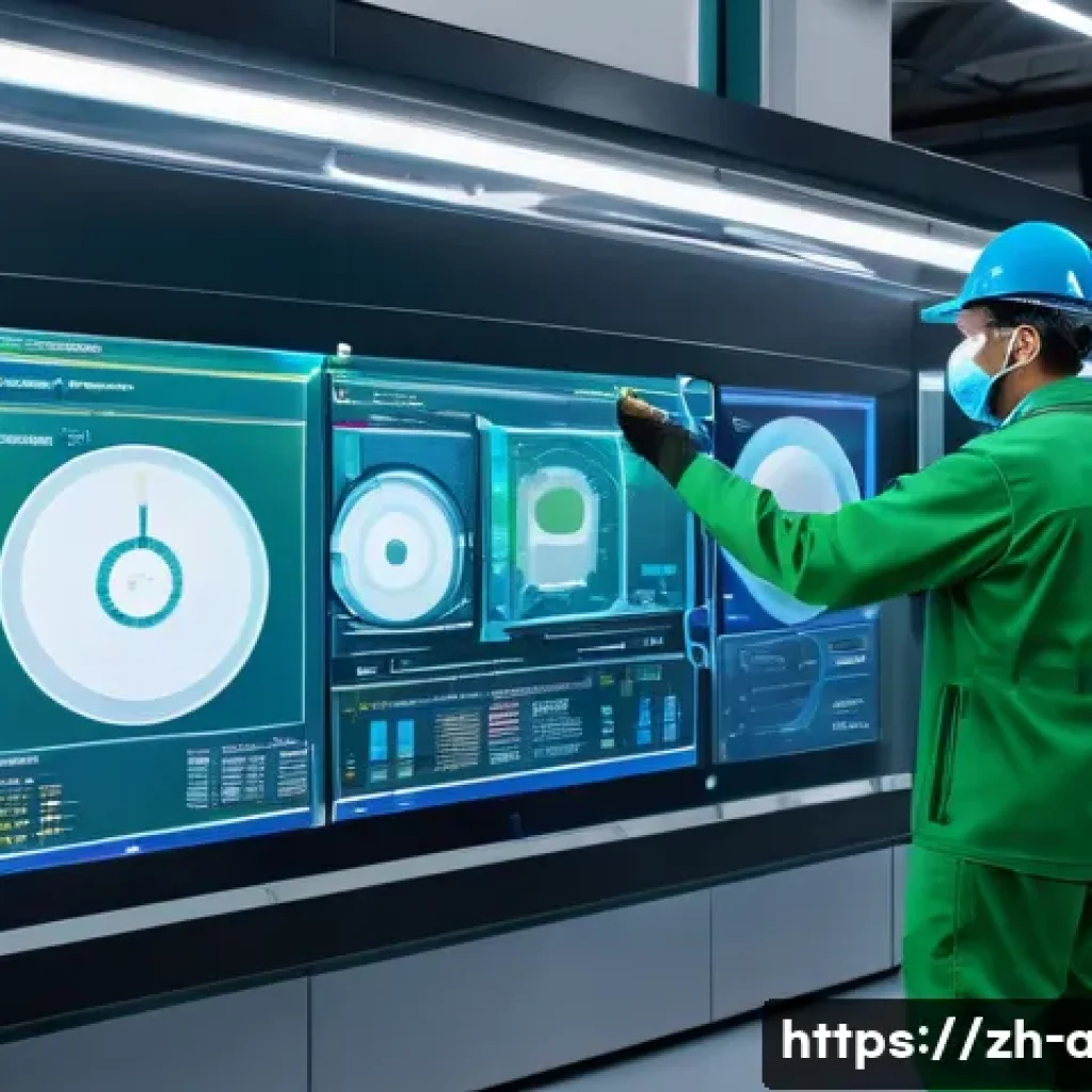 인공지능과 빅데이터의 융합 사례 - A high-tech smart manufacturing factory interior featuring advanced machinery equipped with multiple...