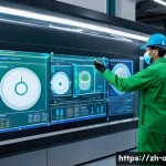 인공지능과 빅데이터의 융합 사례 - A high-tech smart manufacturing factory interior featuring advanced machinery equipped with multiple...