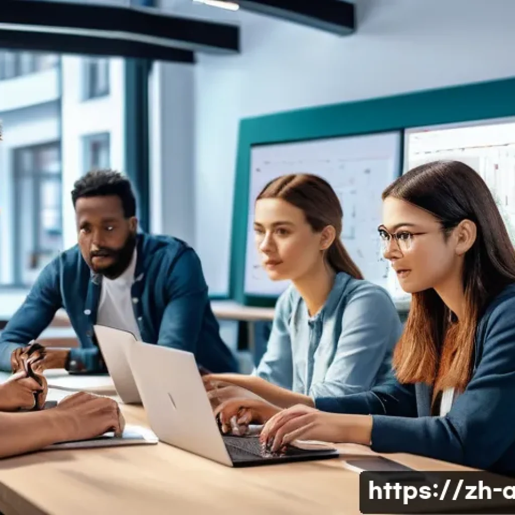 AI 학습자의 기술 경진대회 준비법 - A modern AI competition team working collaboratively in a bright, high-tech office environment, dive...