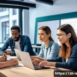 AI 학습자의 기술 경진대회 준비법 - A modern AI competition team working collaboratively in a bright, high-tech office environment, dive...