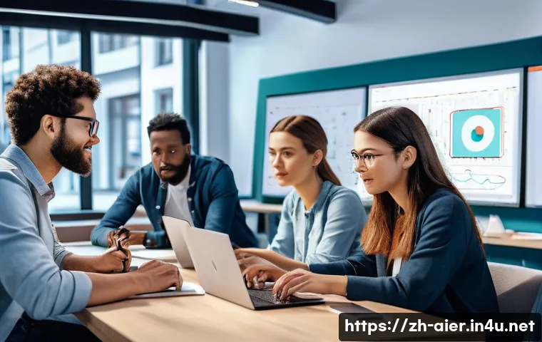 AI 학습자의 기술 경진대회 준비법 - A modern AI competition team working collaboratively in a bright, high-tech office environment, dive...