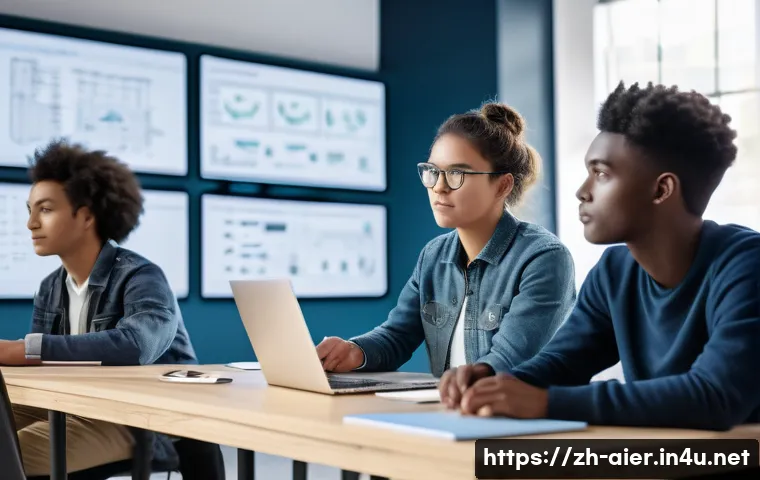 AI 분야 학위 취득과 학습 경로 - A modern university classroom scene focused on artificial intelligence education, featuring diverse ...