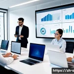 AI 프로젝트 팀 구성 전략 - A modern AI project team collaborating in a bright, high-tech office environment, showing diverse pr...