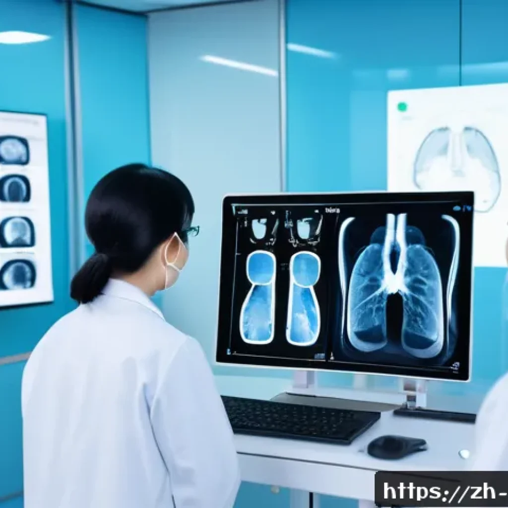 인공지능을 활용한 문제 해결 사례 - A futuristic hospital radiology room featuring a large transparent screen displaying AI-analyzed med...