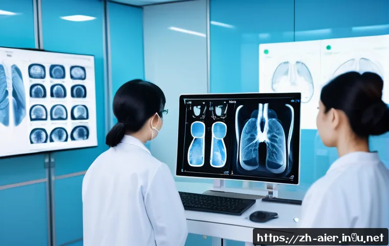 인공지능을 활용한 문제 해결 사례 - A futuristic hospital radiology room featuring a large transparent screen displaying AI-analyzed med...