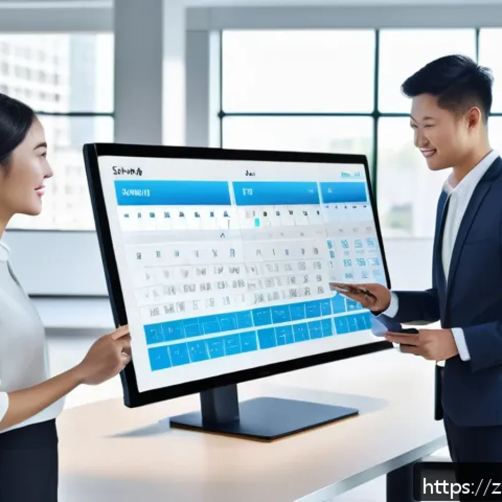 AI 기술을 활용한 업무 자동화 - A modern open-plan office scene featuring diverse professionals collaborating around a large digital...