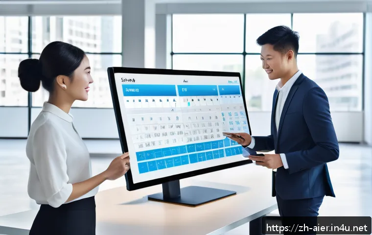 AI 기술을 활용한 업무 자동화 - A modern open-plan office scene featuring diverse professionals collaborating around a large digital...