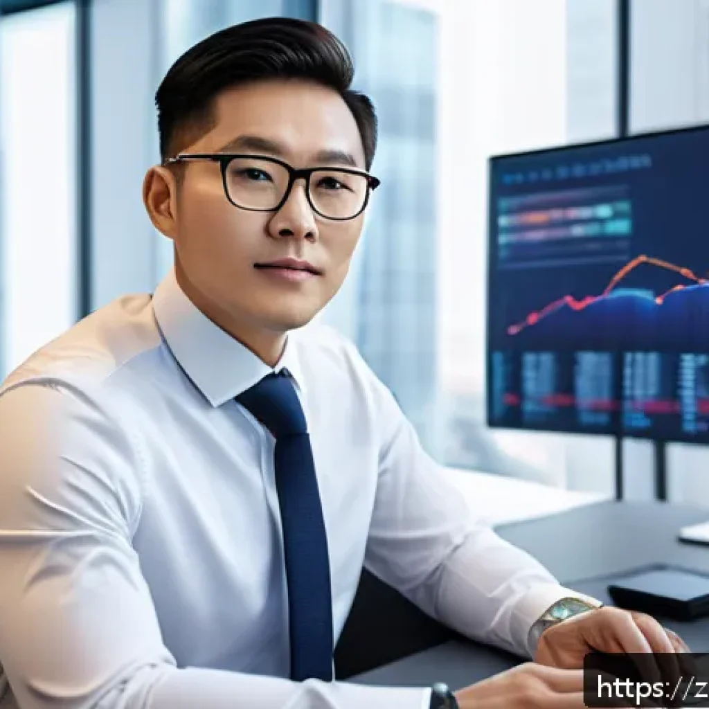 AI 전문가 연봉협상 전략 - A professional Asian man in modern office attire, sitting confidently at a sleek desk surrounded by ...