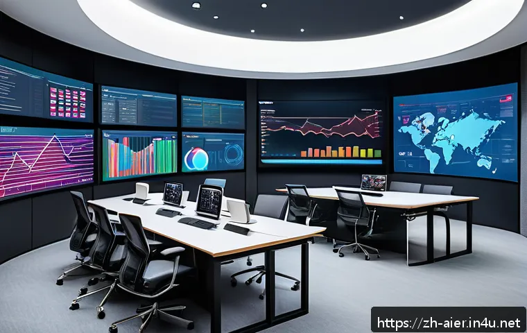 딥러닝 연구에서의 데이터 품질 관리 - A modern data quality management control room filled with large digital screens displaying real-time...