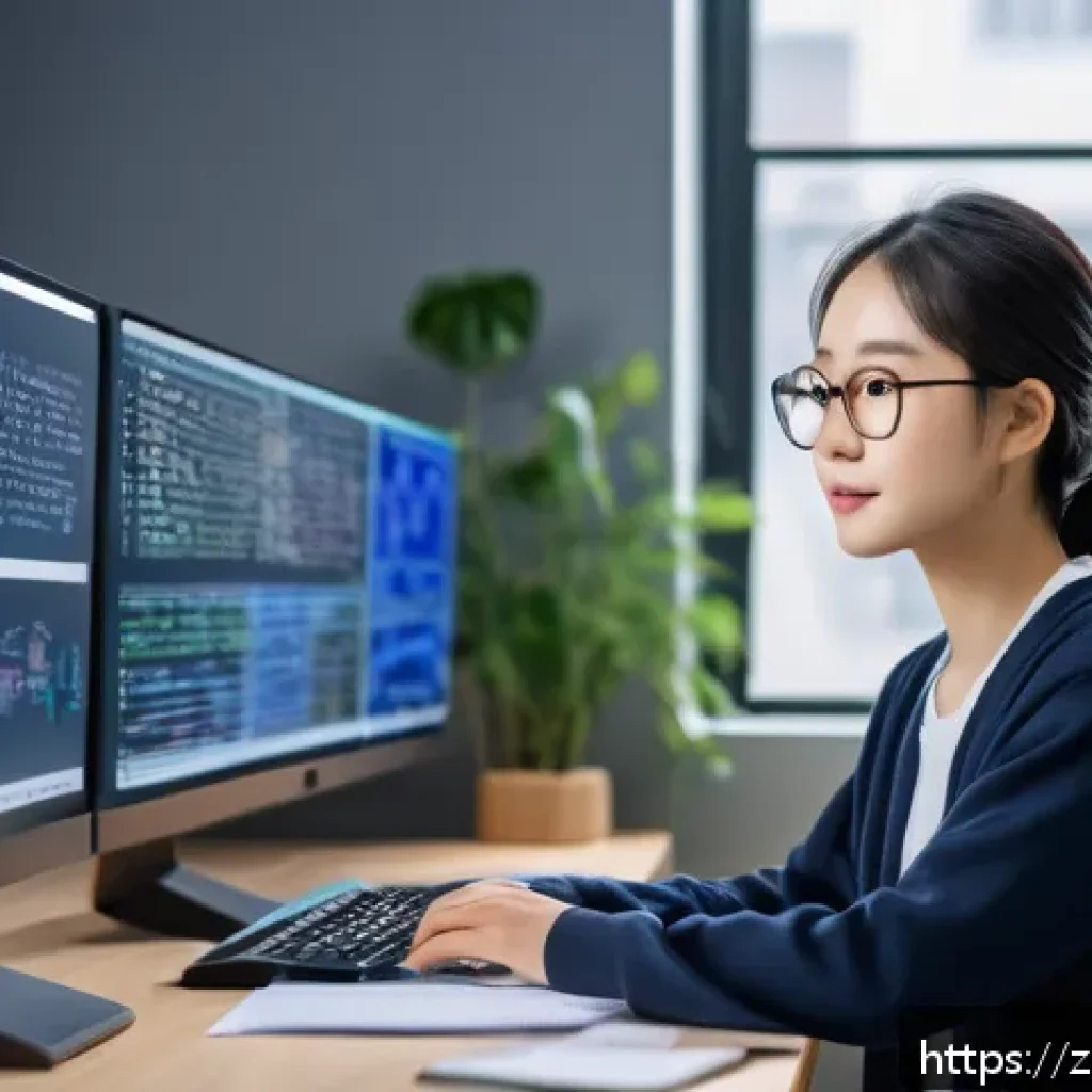 AI 연구자로서의 성장 전략 - A modern study environment featuring a young Chinese adult sitting at a sleek desk with multiple mon...