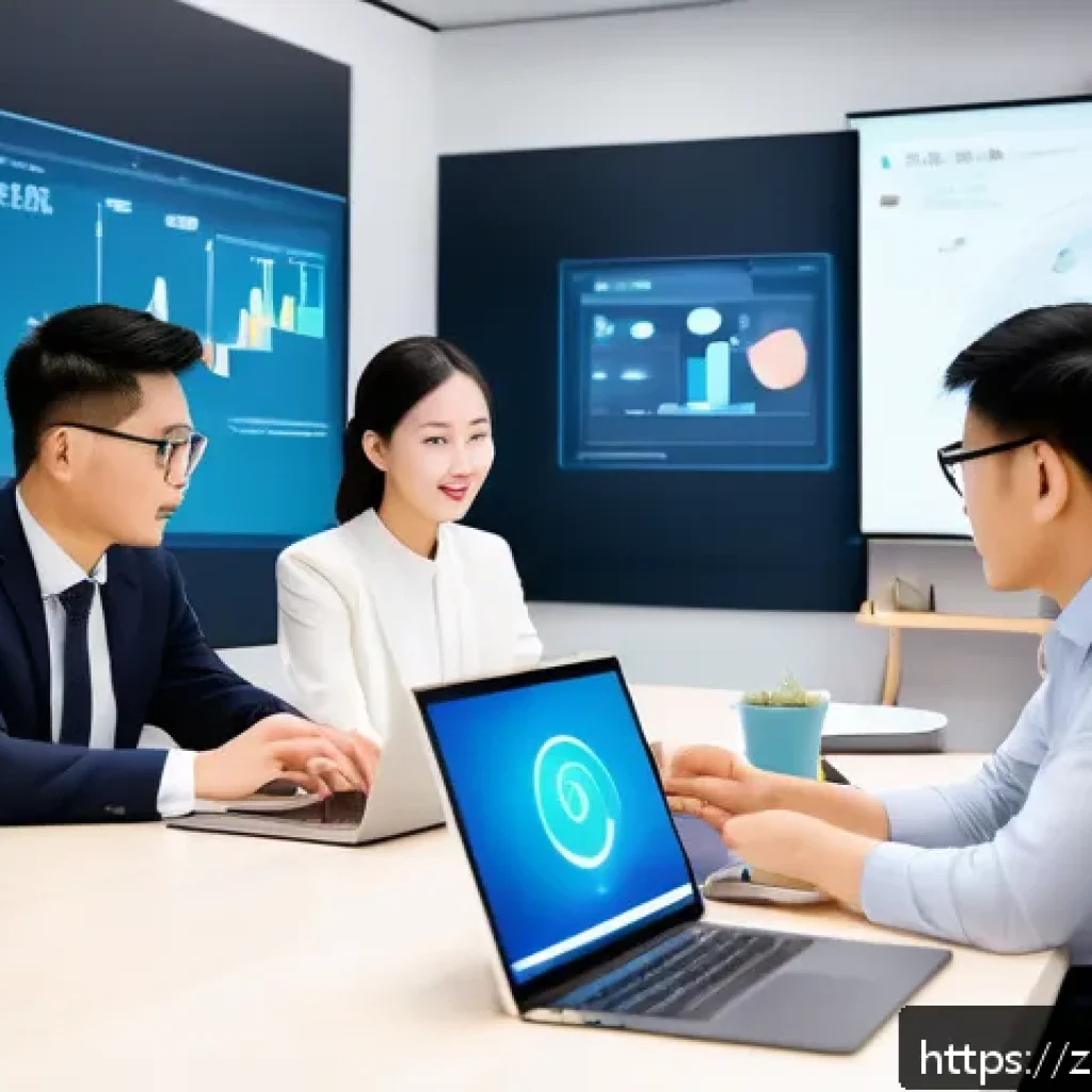 AI 프로젝트 관리 실무 노하우 - A modern office scene showcasing a diverse Chinese business team collaborating on AI project managem...