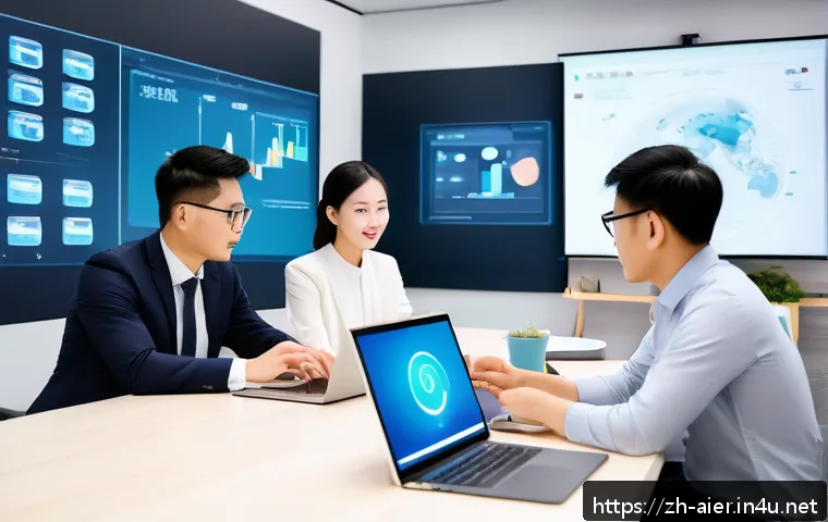 AI 프로젝트 관리 실무 노하우 - A modern office scene showcasing a diverse Chinese business team collaborating on AI project managem...