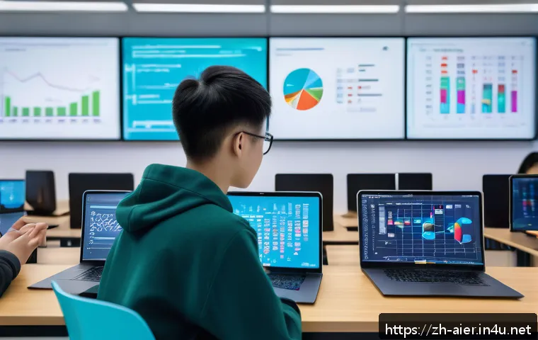 인공지능 학습 중점 과목 추천 - A modern AI classroom scene featuring diverse young adult students attentively learning data process...