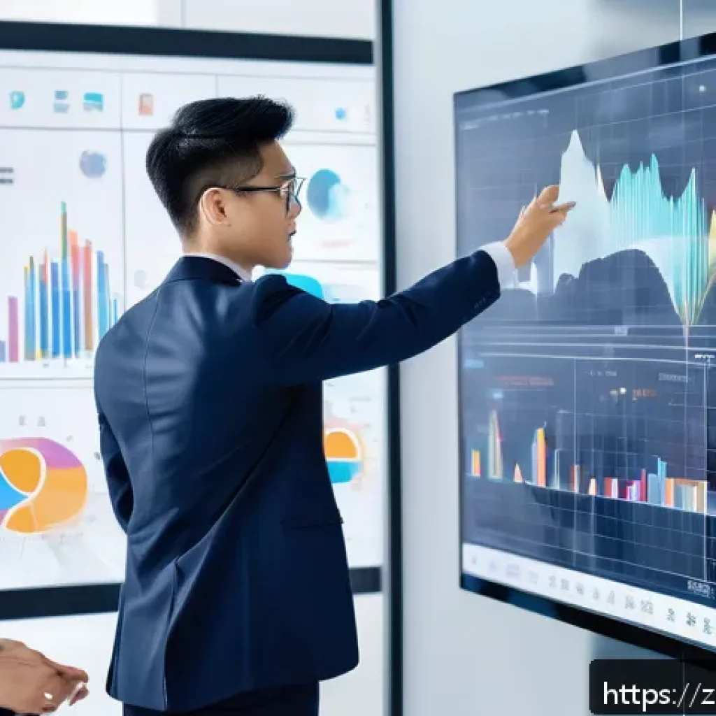 머신러닝 프로젝트의 비즈니스 가치 - A modern corporate office scene showing a diverse team of professionals analyzing large digital data...