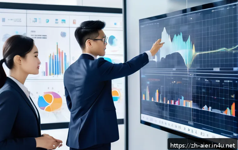 머신러닝 프로젝트의 비즈니스 가치 - A modern corporate office scene showing a diverse team of professionals analyzing large digital data...