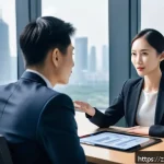 AI 전문가의 협상 스킬 향상 - A modern corporate negotiation scene set in a sleek conference room with large windows showing a cit...