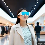 인공지능과 증강현실의 융합 사례 - A bustling modern shopping mall scene viewed through sleek augmented reality glasses, showing a youn...