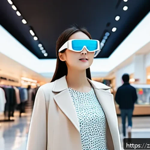 인공지능과 증강현실의 융합 사례 - A bustling modern shopping mall scene viewed through sleek augmented reality glasses, showing a youn...