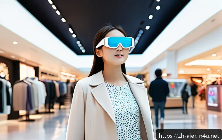 인공지능과 증강현실의 융합 사례 - A bustling modern shopping mall scene viewed through sleek augmented reality glasses, showing a youn...