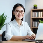 AI 관련 취업 면접 예상 질문 - A modern office setting with a confident young Chinese professional woman wearing business casual at...