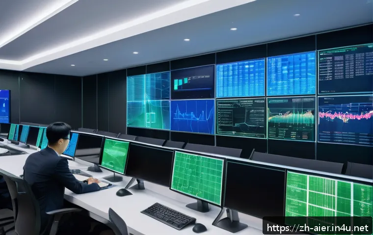 머신러닝 연구 사례 분석 - A futuristic financial control room featuring large transparent digital screens displaying complex g...