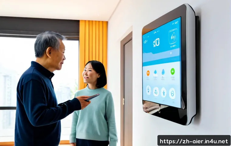 AI와 IoT의 융합 기술 사례 - Photorealistic smart home scene, an older Chinese couple comfortably watching a wall-mounted energy ...