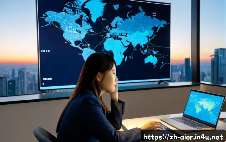 AI 전문가의 글로벌 트렌드 분석 노하우 - Photorealistic global AI trend analyst in a modern high-rise office, an East Asian professional stud...